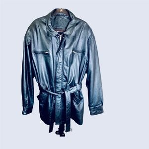 Mens Black Leather Winter Trench Coat Lined w/Belt, Zipper, & Snaps